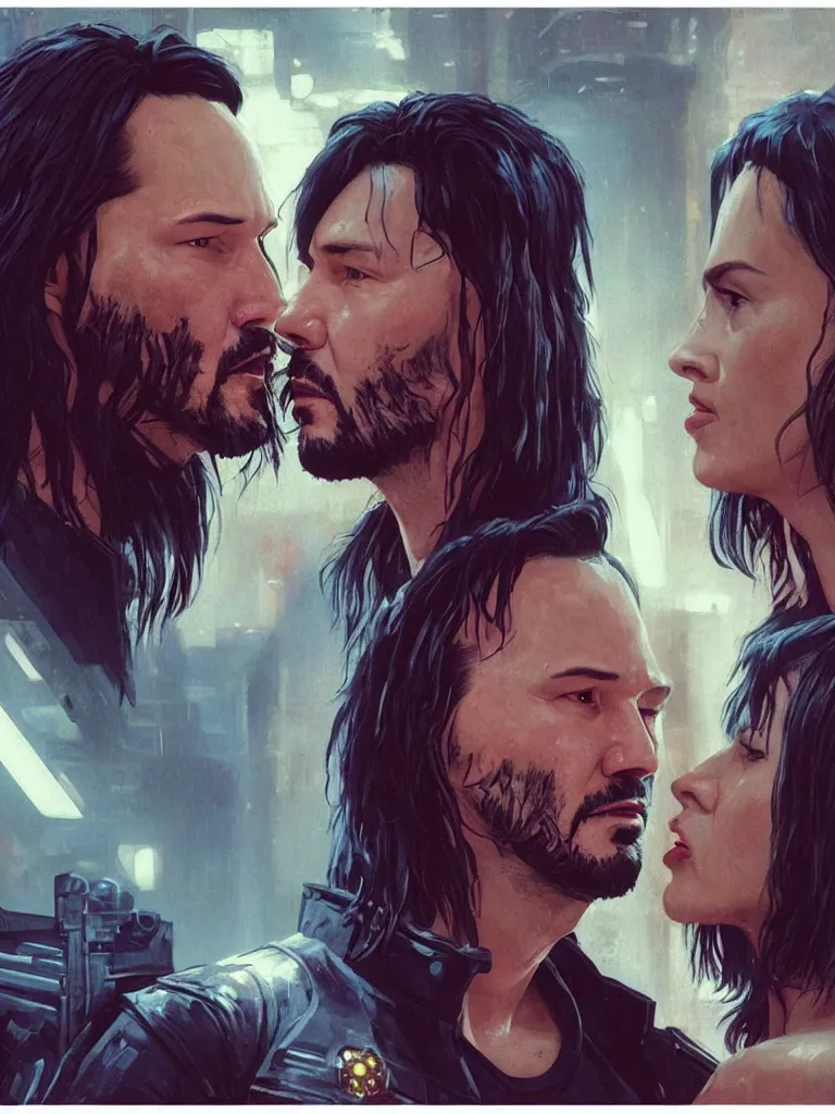 Image similar to a movie srcreenshot couple portrait of Keanu Reeves and V final kiss in cyberpunk 2077,love,film lighting,by Laurie Greasley,Lawrence Alma-Tadema,Andrei Riabovitchev,Dan Mumford,John Wick,Speed,Replicas,artstation,deviantart,FAN ART,full of color,Digital painting,face enhance,highly detailed,8K,octane,golden ratio,cinematic lighting