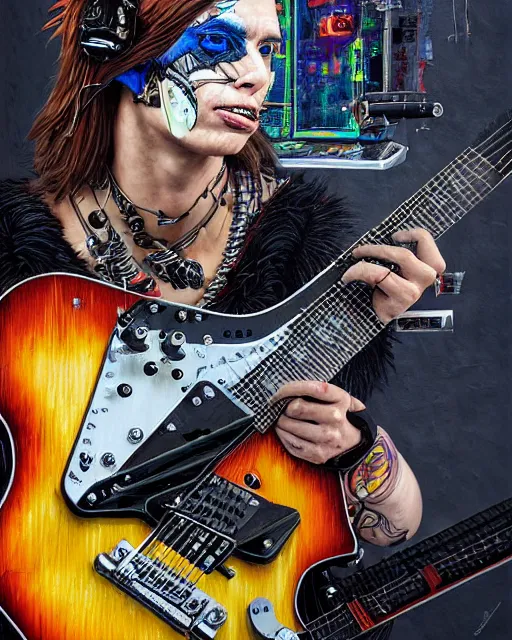 Image similar to a portrait of an anthropomorphic cyberpunk raven shredding an electric guitar as the guitar melts by sandra chevrier, by jon foster, detailed render, tape deck, epic composition, cybernetics, 4 k realistic, cryengine, realistic shaded lighting, sharp focus, masterpiece, by enki bilal