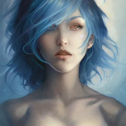 Prompt: a beautiful painting of a woman with short blue hair representative of the art style of artgerm and wlop and peter mohrbacher