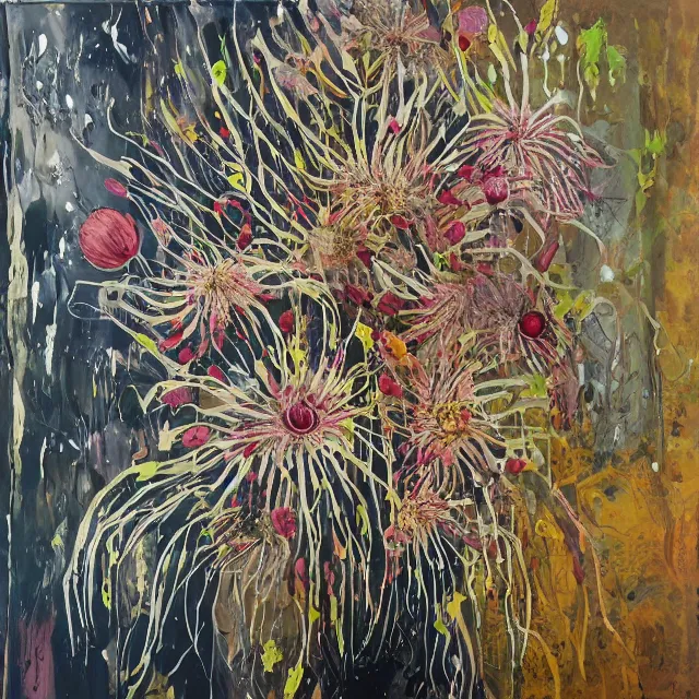 Image similar to “ a portrait in a female art student ’ s apartment, australian wildflowers, sensual, queer woman, flax, flannel flower, bottlebrush, eucalyptus, charred, new leaves, art supplies, a candle dripping white wax, aboriginal art, berry juice drips, acrylic and spray paint and oilstick on canvas, surrealism, neoexpressionism ”