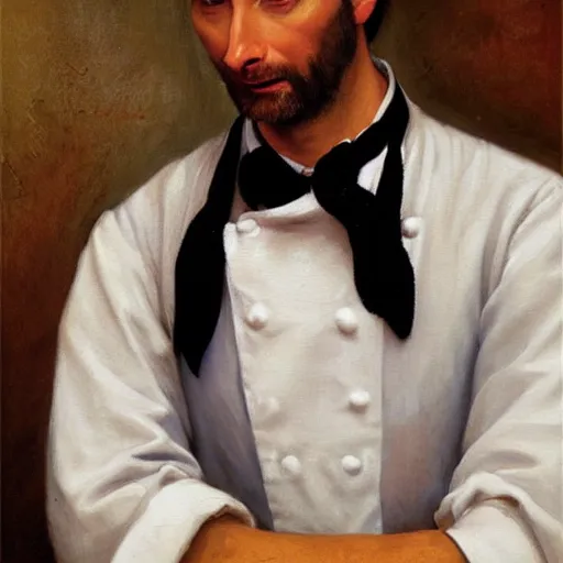 Prompt: David Tennant as a chef, detailed oil painting by Bouguereau