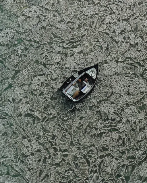 Image similar to the wake of a boat, made of intricate decorative lace leaf skeleton, shot from a drone, in the style of the dutch masters and gregory crewdson, dark and moody