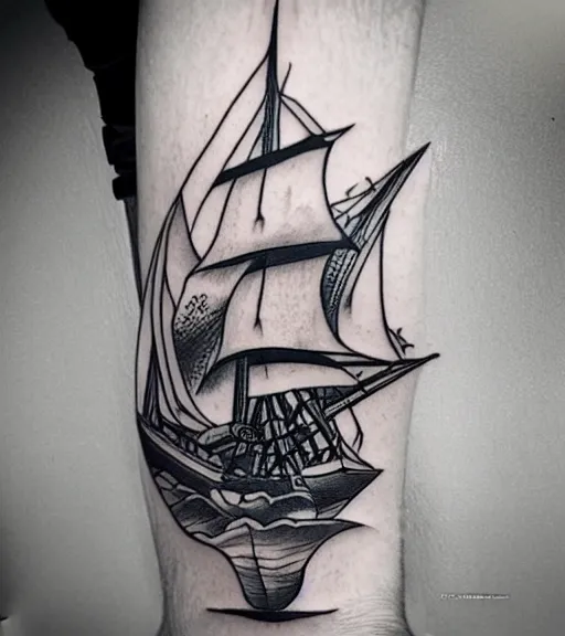 Image similar to A tattoo design on paper of a pirate ship, on paper, black and white, highly detailed tattoo, realistic tattoo, realism tattoo, beautiful shades