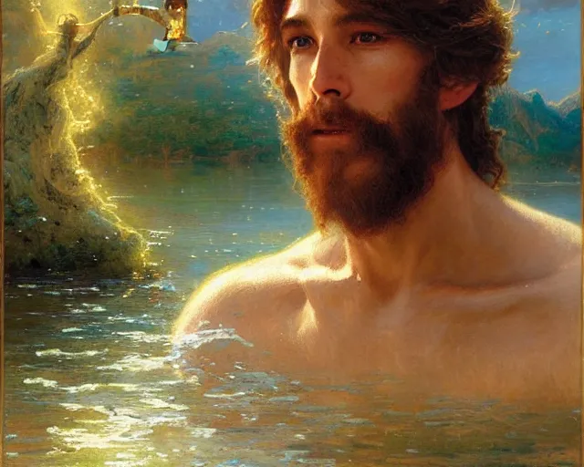 Image similar to attractive male wizard casting powerful water spell in a beautiful lake. highly detailed painting by gaston bussiere, craig mullins, j. c. leyendecker 8 k