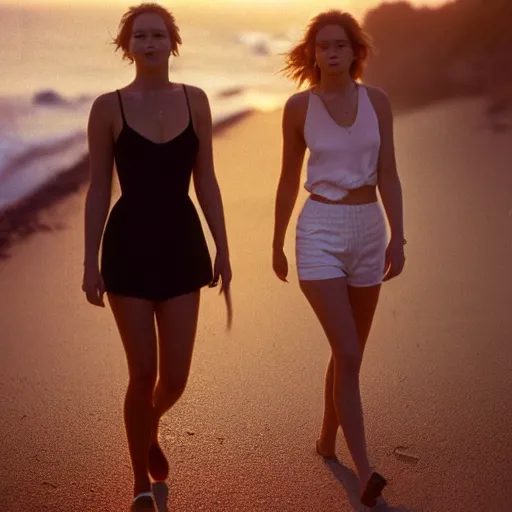 Prompt: beautiful hyperdetailed photograph of jennifer lawrence and jennifer lawrence taking a walk at the beach, golden hour, soft focus, 8 k, portra 4 0 0