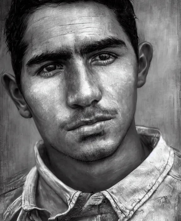 Image similar to heroic portrait of a handsome young mexican farmer, art by denys tsiperko and bogdan rezunenko, hyperrealism