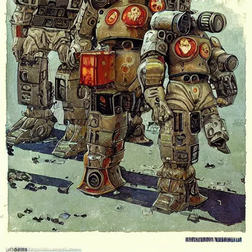 Image similar to Soviet mechs in the style of Norman Rockwell, sci-fi illustrations, highly detailed, award-winning, patriotic, soviet, ussr, dark, gritty, ink