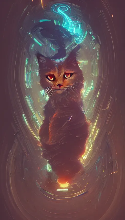 Image similar to cat, neon, fibonacci, sweat drops, insane, intricate, highly detailed, digital painting, artstation, concept art, smooth, sharp focus, illustration, Unreal Engine 5, 8K, art by artgerm and greg rutkowski and alphonse mucha