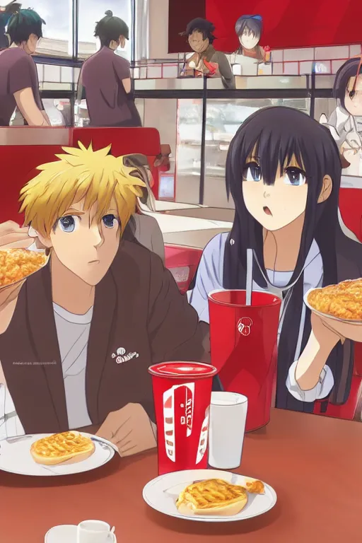 Image similar to a beautiful picture of people have breakfast in kfc, anime, detailed, 8 k