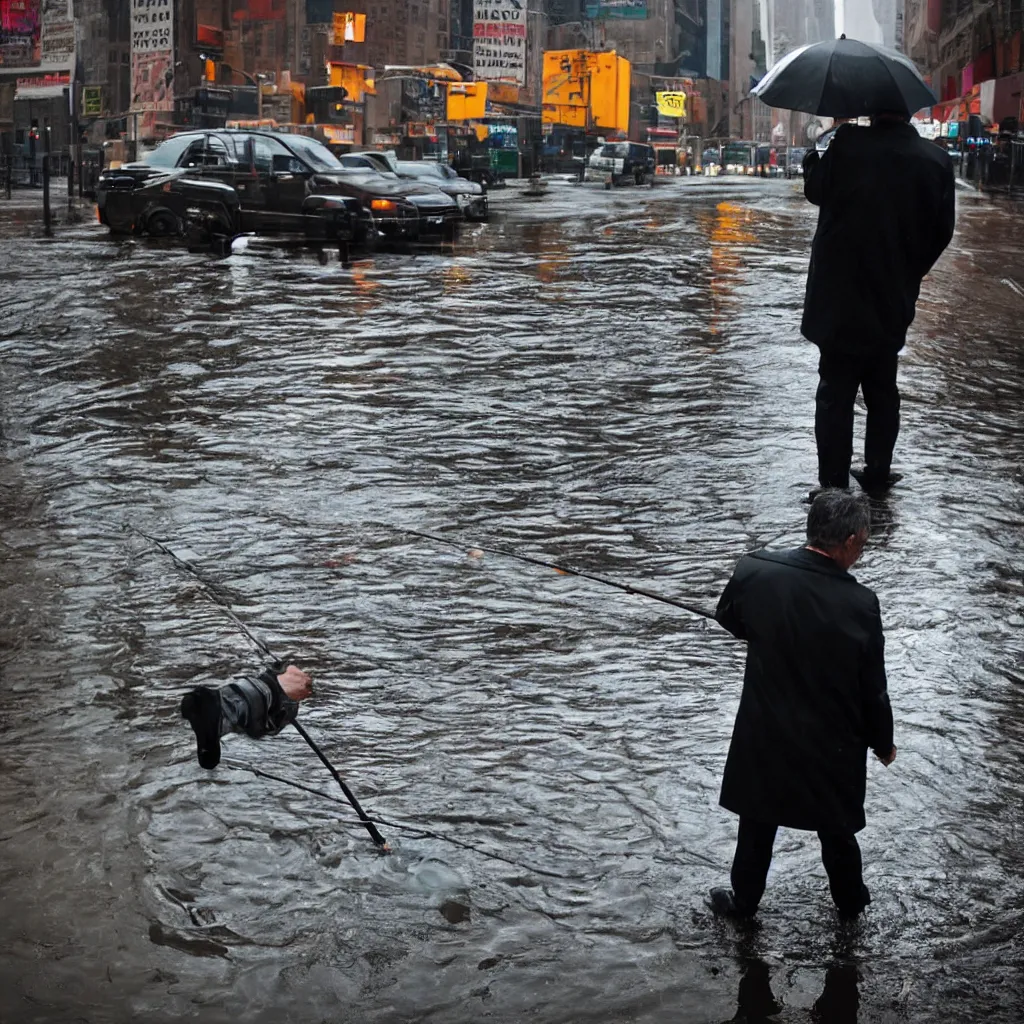 Prompt: closeup portrait of a man fishing in a puddle rainy new york street, by Steve McCurry and David Lazar, natural light, detailed face, CANON Eos C300, ƒ1.8, 35mm, 8K, medium-format print