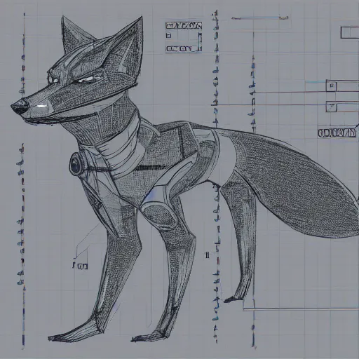 Image similar to A blueprint of a cyberpunk fox, detailed
