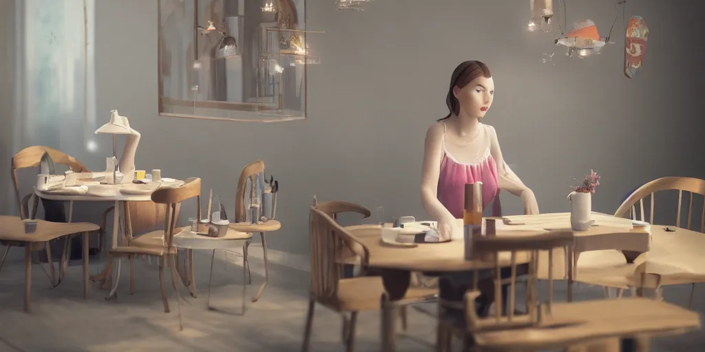 Image similar to the girl at the table creates something great, illustration, reality, wide shot, light colors, highly detailed, sharp focus, cinema 4 d, 3 d, octane render