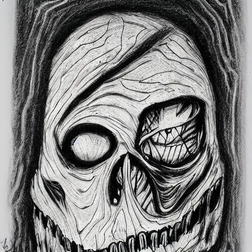 Prompt: a scary horror themed wooden shred drawn with charcoal and pen and ink, half-tone-line-stacking