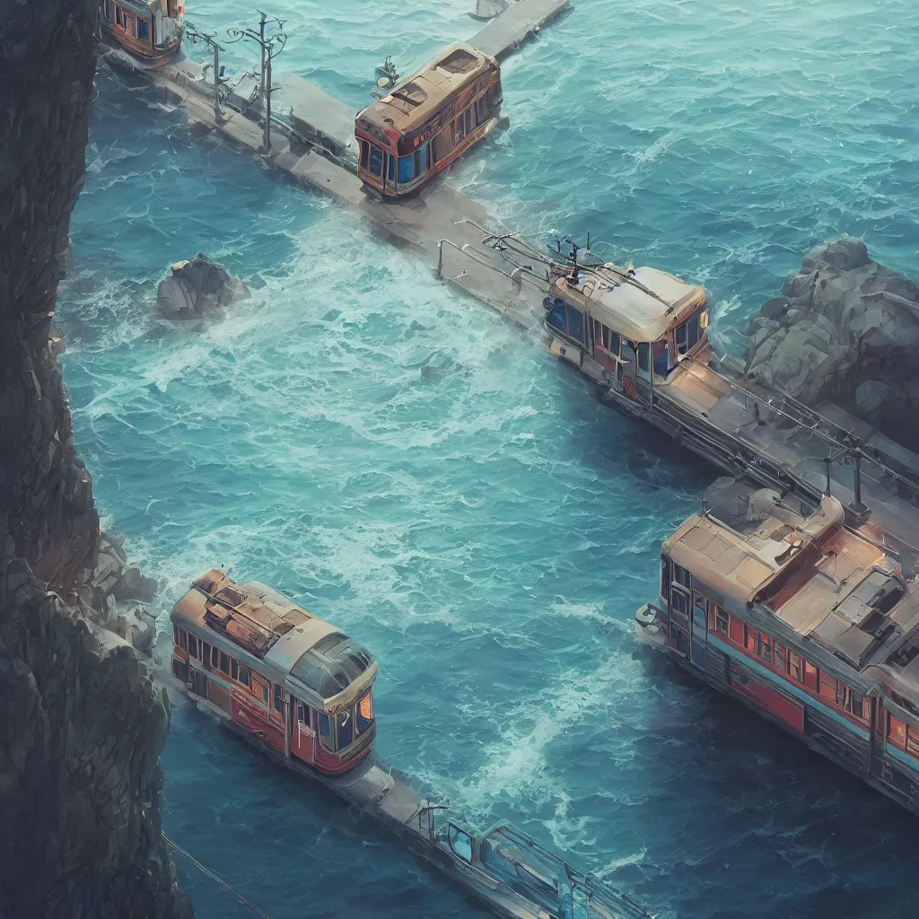 Prompt: a streetcar is running on the sea, unreal engine, fantasy art by greg, loish, rhads, ferdinand knab, makoto shinkai and lois van baarle, ilya kuvshinov, rossdraws, tom bagshaw, night lighting, trending onstudio ghibli, highly detailed, octane render, 8 k