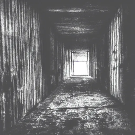 Image similar to insane nightmare, no light, everything is blurred, creepy shadows, warehouse , very poor quality of photography, 2 mpx quality, grainy picture