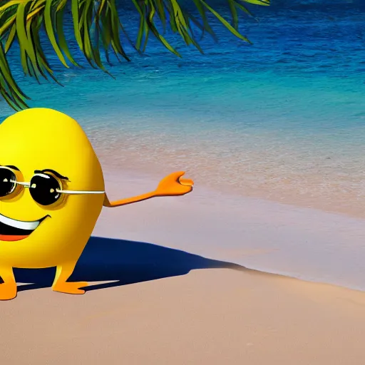 Prompt: happy lemon animated character enjoying relaxing sunny beach