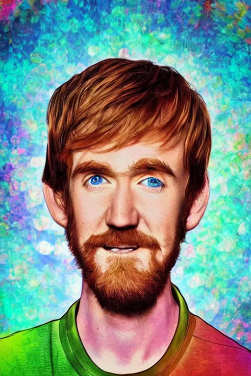 Prompt: inspirational style hope poster of shaggy bo burnham with beard, psychedelic colors, highly detailed, photograph, loving