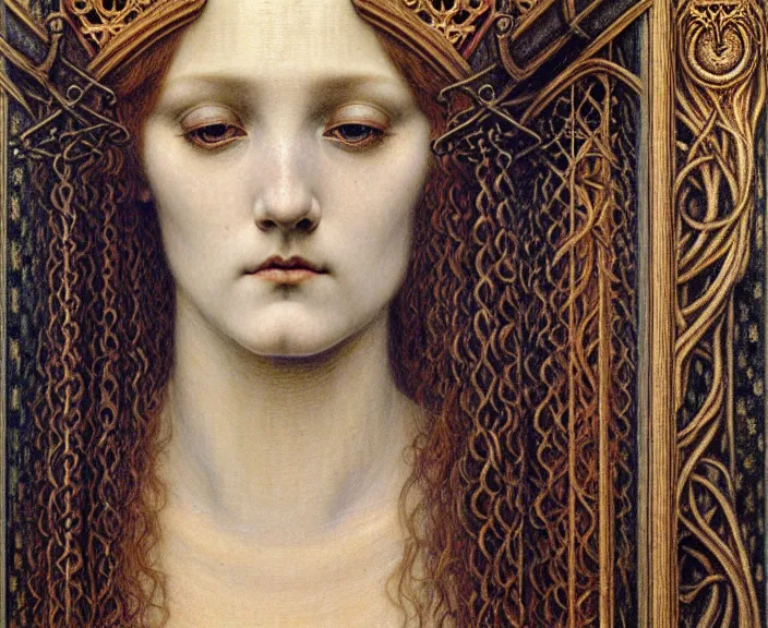 Image similar to detailed realistic beautiful young medieval queen face portrait by jean delville, gustave dore and marco mazzoni, art nouveau, symbolist, visionary, gothic, pre - raphaelite. horizontal symmetry