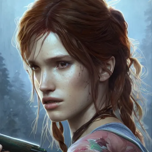 Image similar to ultra realistic illustration, bella thorne as elle in last of us, intricate, elegant, highly detailed, digital painting, artstation, concept art, smooth, sharp focus, illustration, art by artgerm and greg rutkowski and alphonse mucha