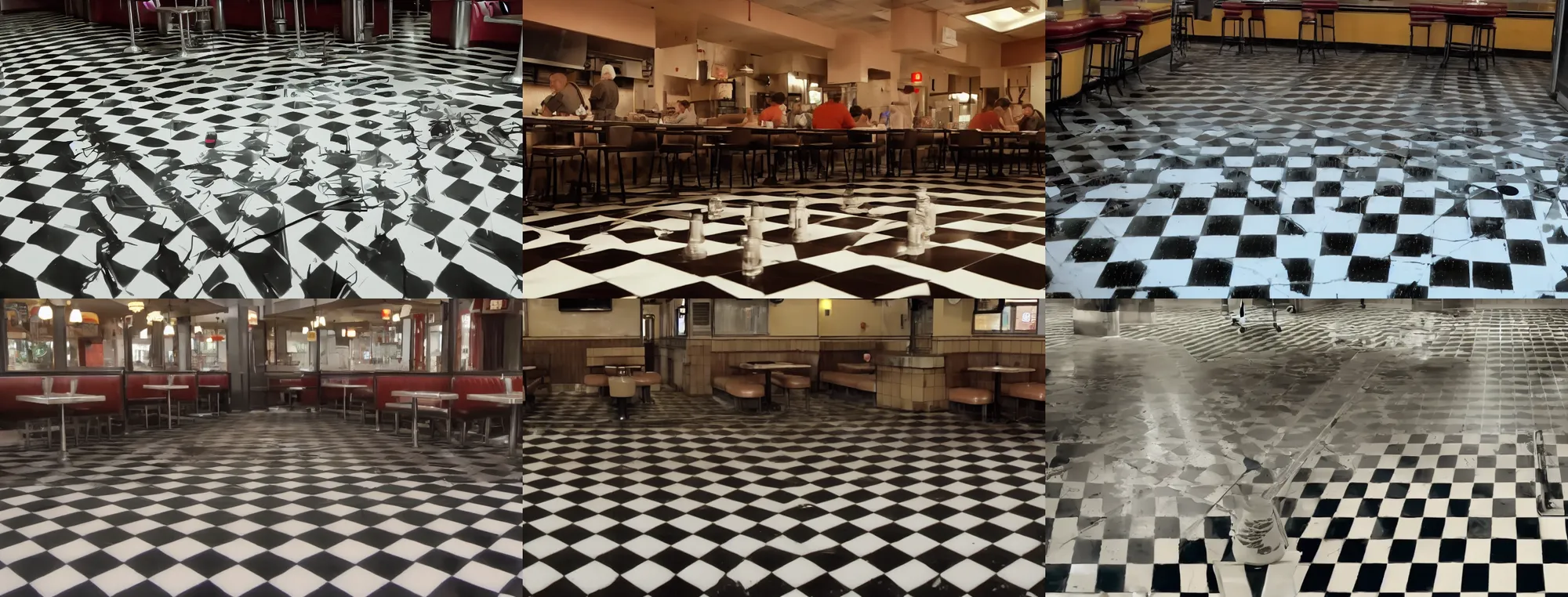 Prompt: completely empty diner with checker floor, isometric camera angle, still from a HBO horror series, 2018 cinematography