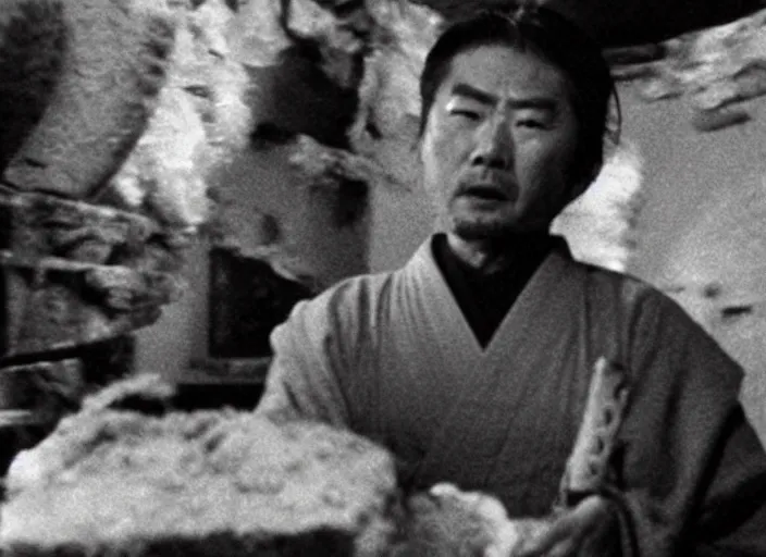 Image similar to a movie still of a samurai slicing through a loaf of bread by Akira Kurosawa