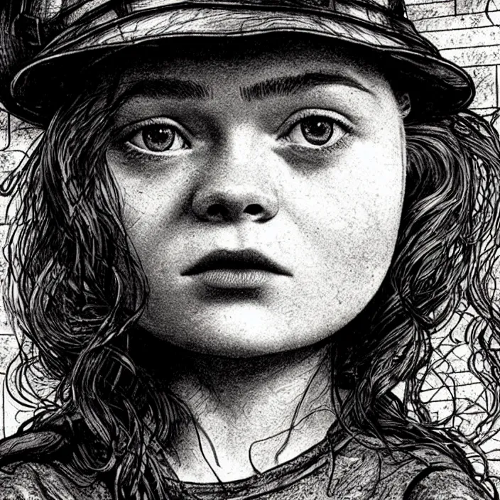 Prompt: extreme close - up on sadie sink as a miner who raises stale bread. background : black tiles on walls. black and white, pencil and ink. by gabriel hardman, joe alves, chris bonura. cinematic atmosphere, detailed and intricate, perfect anatomy