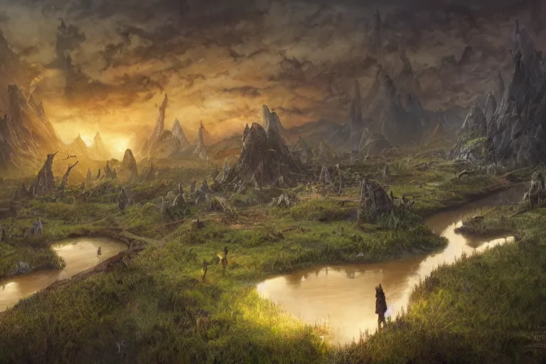 Prompt: aerial view, cinematic fantasy painting, dungeons and dragons, a faerie village, swamp wetland marsh estuary, with sunset lighting ominous shadows by jessica rossier and brian froud cinematic painting