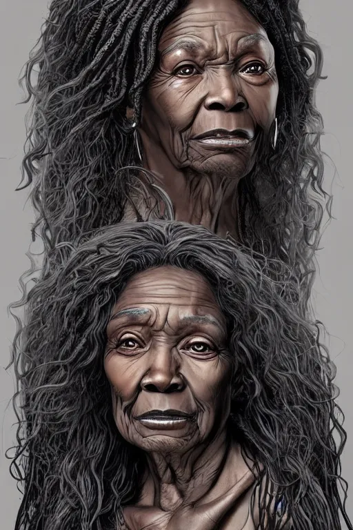 Image similar to very old wrinkled black woman crone with long scraggly hair wearing rags, character portrait, concept art, intricate details, highly detailed photorealistic portrait in the style of adam hughes, seseon yoon, artgerm and warren louw