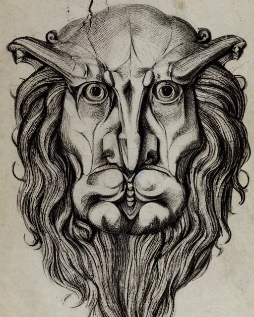 Image similar to a creature with four faces in one, human face, eagle beak, lion mane, two horns on the head, drawn by da vinci. symmetrical