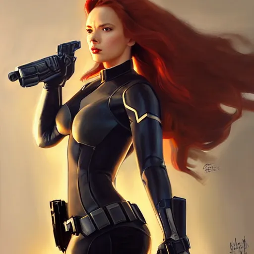 Prompt: greg manchess portrait painting of fully armored natasha romanova aka black widow as overwatch character, medium shot, asymmetrical, profile picture, organic painting, sunny day, matte painting, bold shapes, hard edges, street art, trending on artstation, by huang guangjian and gil elvgren and sachin teng