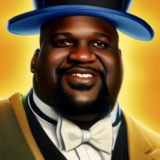 Image similar to pixar portrait painting of shaquille o'neal wearing a top hat and armor as an overwatch character, medium shot, asymmetrical, profile picture, organic painting, foggy day, matte painting, bold shapes, hard edges, street art, trending on artstation, by huang guangjian and gil elvgren and sachin teng