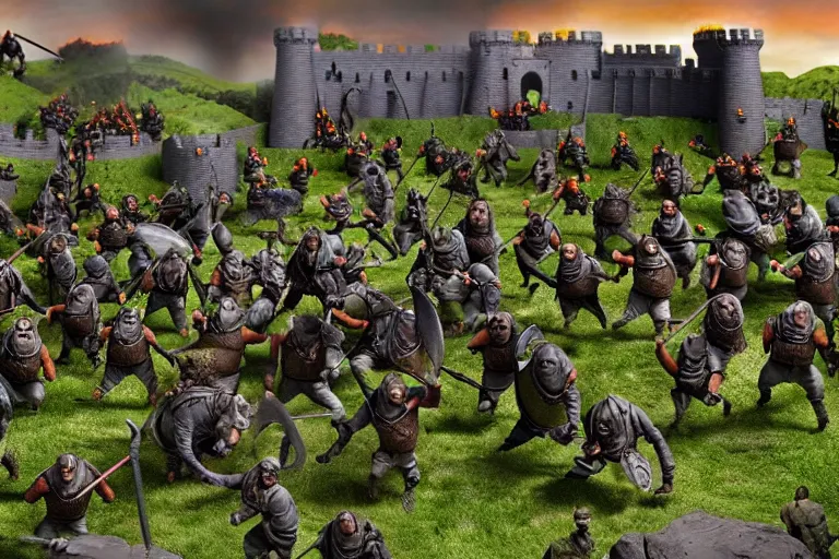 Image similar to diorama of minions fighting orcs in the battle of helm's deep, giant castle walls, realistic, 4 k, detailed