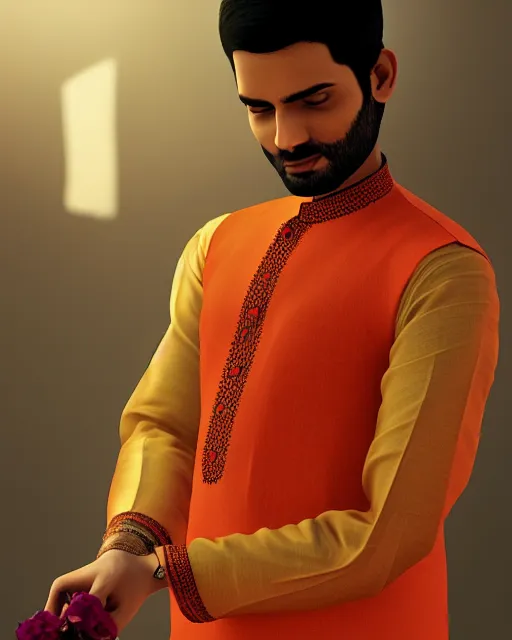 Prompt: a guy in a kurta waiting for his love to come, holding flowers, art by salman toor. faithfully depicted facial expression, perfect anatomy, sharp focus, global illumination, radiant light, detailed and intricate environment, trending on artstation