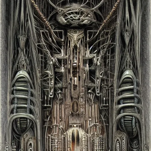 Prompt: biomechanical cathedral, h. r. giger