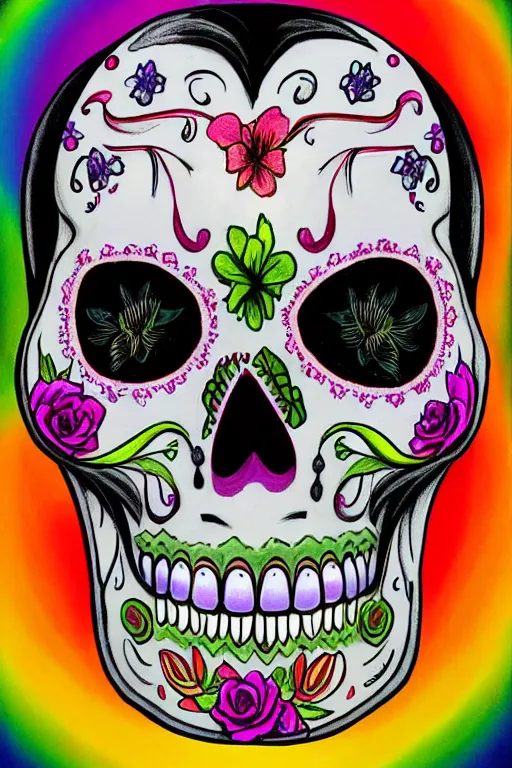 Prompt: Illustration of a sugar skull day of the dead girl, art by gabriel dawe