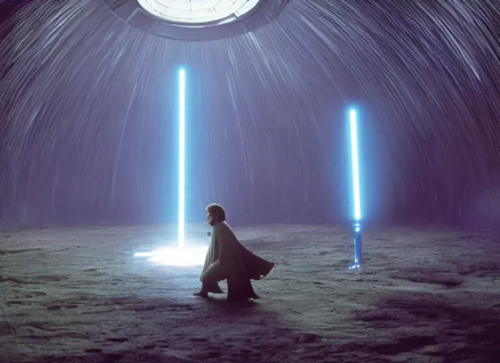 Prompt: screenshot of Luke skywalker kneeling before the larger than life glowing blue spirit of qui gon jinn at a hazy lit ancient Jedi cathedral, screenshot from the 1970s star wars thriller directed by stanley kubrick, Photographed with Leica Summilux-M 24 mm lens, ISO 100, f/8, Portra 400, kodak film, anamorphic lenses