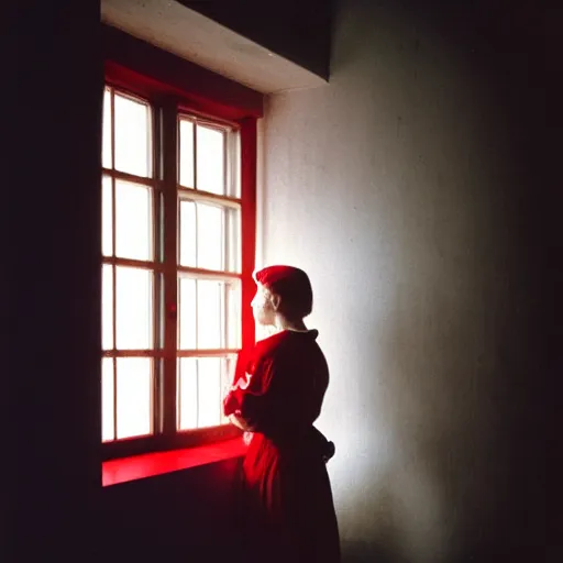 Prompt: woman wearing white and red looking outside the window in her bedroom at night, elegant, highly detailed, 8 k, photorealistic, photography, real picture, heavy grain, studio lighting, hdr, photographed by steve mccurry, annie leibovitz, henri cartier - bresson, robert capa, andreas gursky