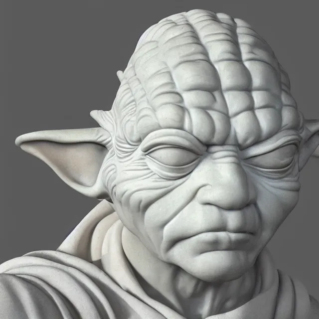 Prompt: White marble bust of Yoda by Michelangelo and Bernini, Star Wars, product shot, macro, museum, magical, enchanted, hyper realistic, orange sunlight, octane render, raytracing, trending on artstation, artstationHD, artstationHQ, unreal engine, 4k, 8k