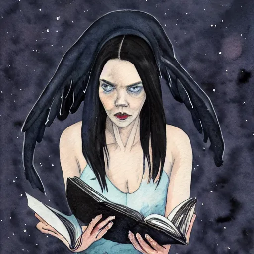 Prompt: full body detailed watercolor illustration of alien anya taylor - joy mixed with jennifer connelly, reading a book, unsettling, hooded long black feathered cloak, uncanny valley, with black feathers instead of hair, gothic, guillermo del toro, gray mottled skin, pale and sickly, profile view, - - ar 9 : 1 6