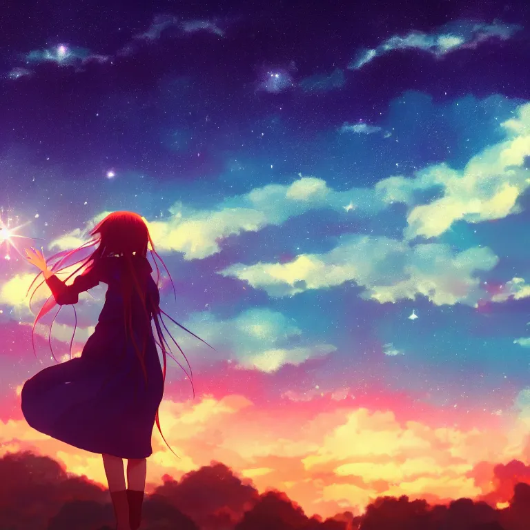 Prompt: a beautiful landscape of a starry sky with an beautiful anime woman waving to the horizon, cinematic, dramatic, color grading, photojournalism, colorful, highly detailed