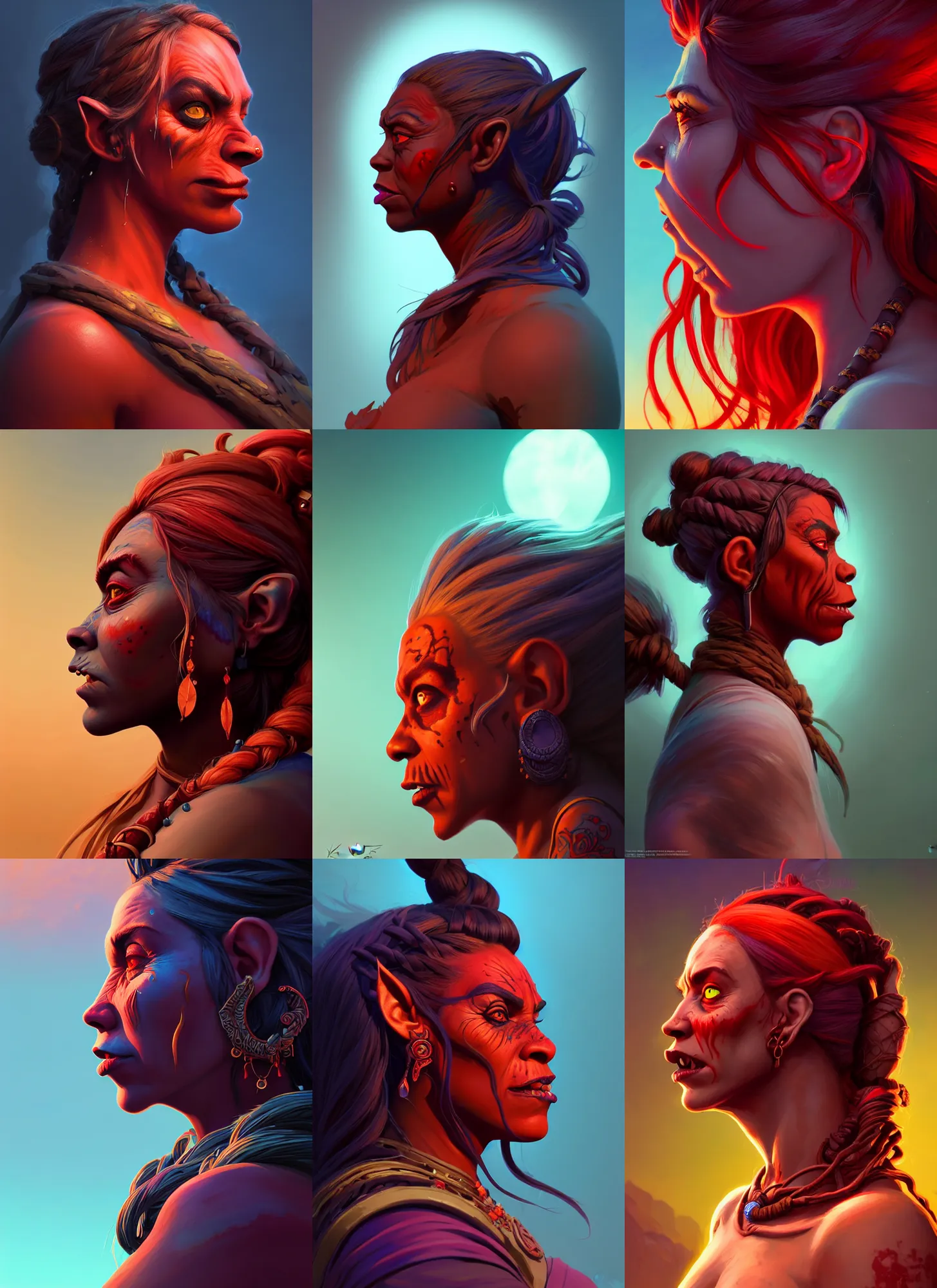 Prompt: side profile centered painted portrait, female orc druid, crazy eyes, red skin, d & d, gloomhaven, matte painting concept art, art nouveau, beautifully backlit, swirly vibrant color lines, fantastically gaudy, aesthetic octane render, 8 k hd resolution, by ilya kuvshinov and cushart krentz and gilleard james