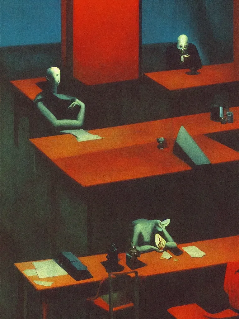 Image similar to the devil eating computer in the table edward hopper and james gilleard, zdzislaw beksinski highly detailed