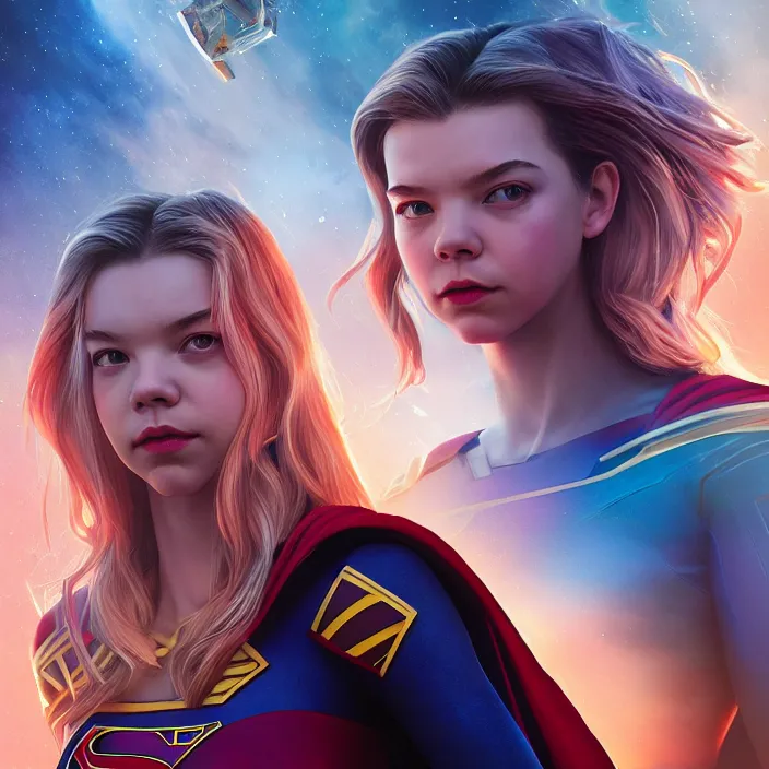 Image similar to anya taylor joy as supergirl. intricate abstract. intricate artwork. by tooth wu, wlop, beeple, dan mumford. octane render, trending on artstation, greg rutkowski very coherent symmetrical artwork. cinematic, hyper realism, high detail, octane render, 8 k, iridescent accents