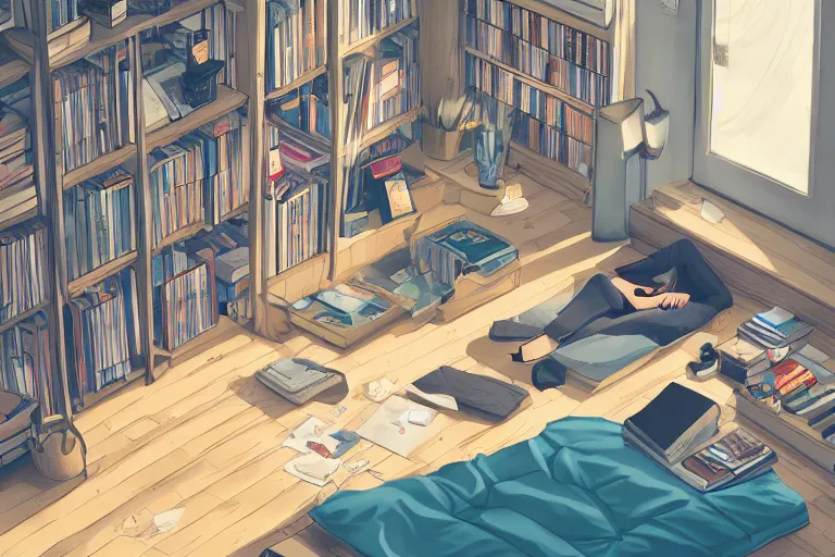 Image similar to a room of a japanese young man, bookshelves, cd, tiny, clean and tidy, small balcony, tatami, warm, cozy, isometric art, bright, artstation, highly detailed, cinematic lighting + masterpiece, life is strange, illustration