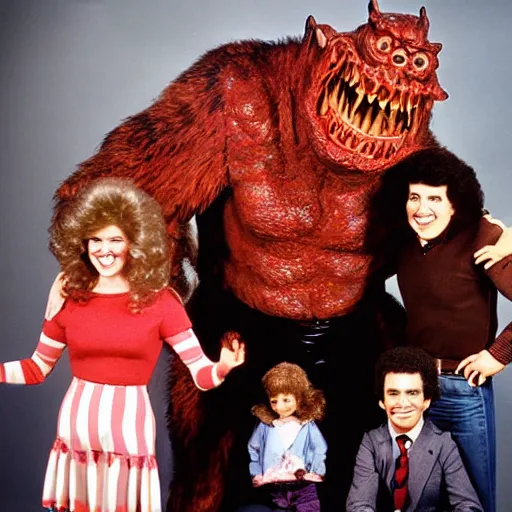 Image similar to vintage 1 9 8 0's sitcom publicity photo, a happy photogenic family and a large giant evil demonic horrifying angry detailed monstrous demon creature inside a 1 9 8 0's sitcom living room