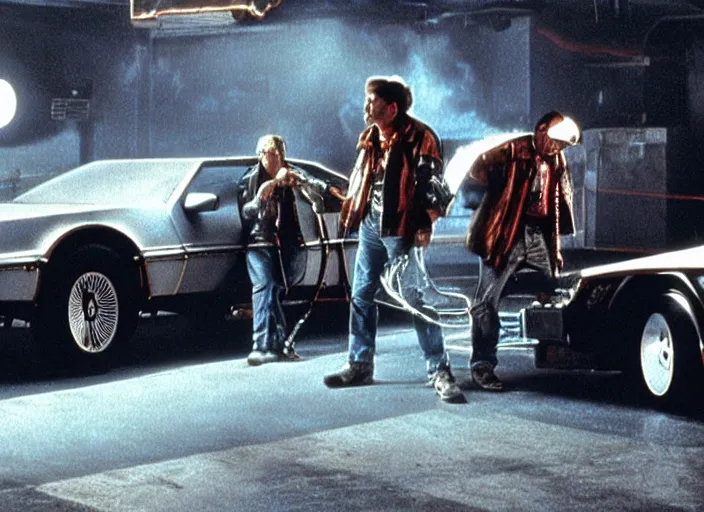 Image similar to screenshot from the iconic scene from the lost Back to the Future film directed by Martin Scorsese, cinematic lighting, unsettling set design with extreme detail, moody cinematography, with anamorphic lenses, crisp, detailed, 4k image, starring Marty Mcfly