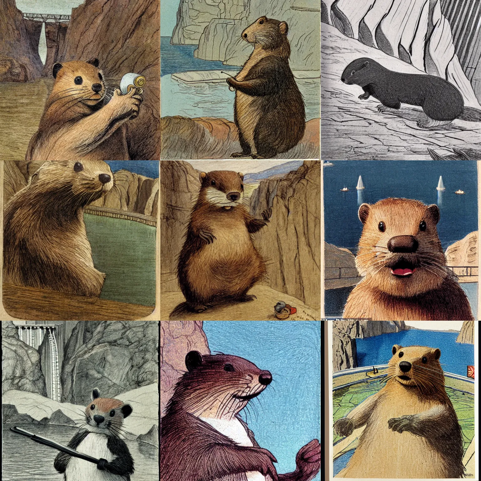 Prompt: selfie of a beaver at the Grand Hoover Dam, illustrated by Beatrix Potter