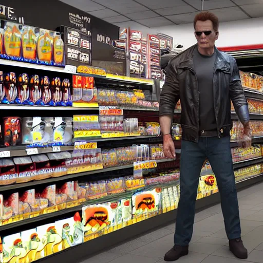 Image similar to the terminator buying stuff at the supermarket, unreal 5, hyperrealistic, octane render, cosplay, RPG portrait, dynamic lighting