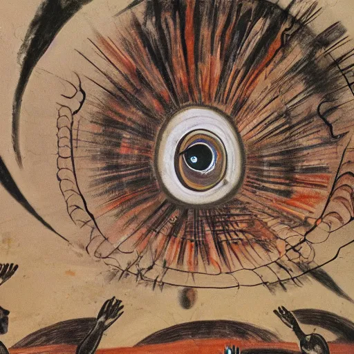 Prompt: an ancient cave painting of a giant eye floating above a crowd of people, abstract, primitive