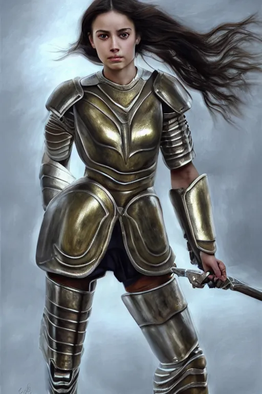 Image similar to a photorealistically painted portrait of an attractive young girl, partially clothed in metal-plated battle armor, with an abstractly painted background, flawless olive skin, fair complexion, long dark hair, beautiful bone structure, perfectly symmetric facial features, perfect photorealistic eyes, natural physique, intricate, elegant, digital painting, concept art, finely detailed, beautifully illustrated, sharp focus, minimal artifacts, volumetric lighting, from DOOM and Halo, by Ruan Jia and Mandy Jurgens and Artgerm and William-Adolphe Bouguerea, in the style of Greg Rutkowski, trending on Artstation, award winning art